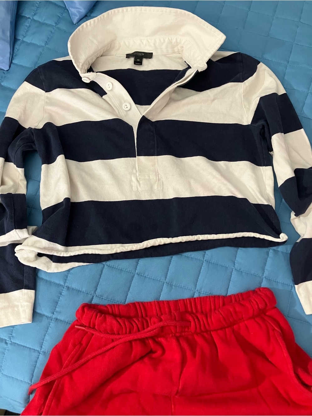 J. Crew Navy and White Cropped Rugby Shirt